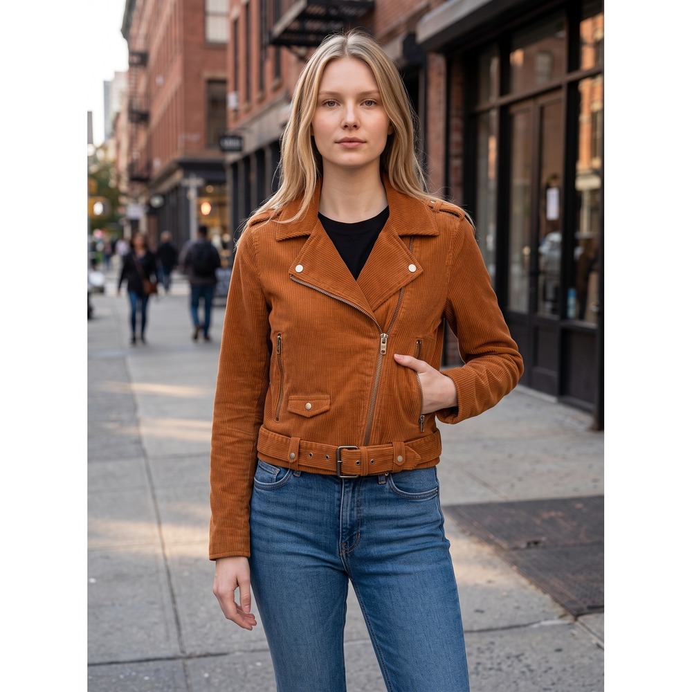 BLANKNYC Womens Corduroy Moto Jacket XS Rust Brown Belted Cropped Biker
